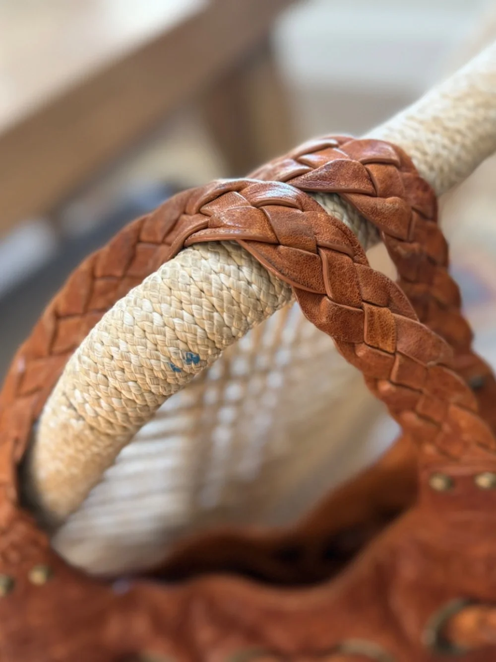 Kooba “Carla” light brown leather shoulder bag‎ w/braiding detail & side pockets